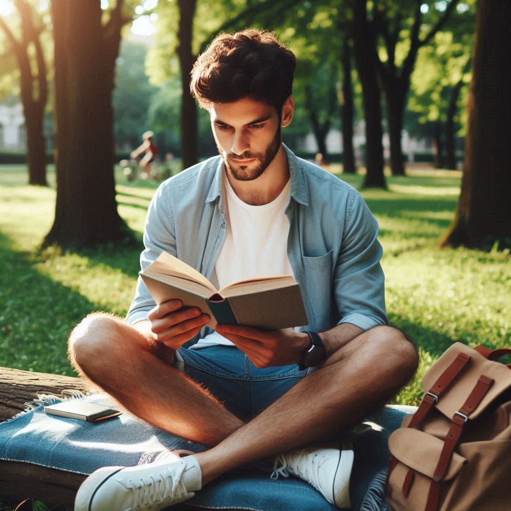 Pessoa praticando detox de redes sociais ao ar livre lendo um livro.